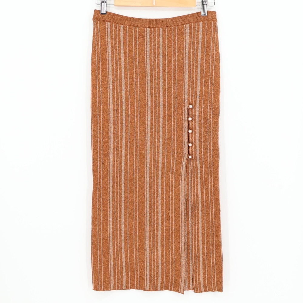LPA Revolve Vance Midi Knit Skirt Metallic Stripe Bronze Gold Pearl Size‎ S